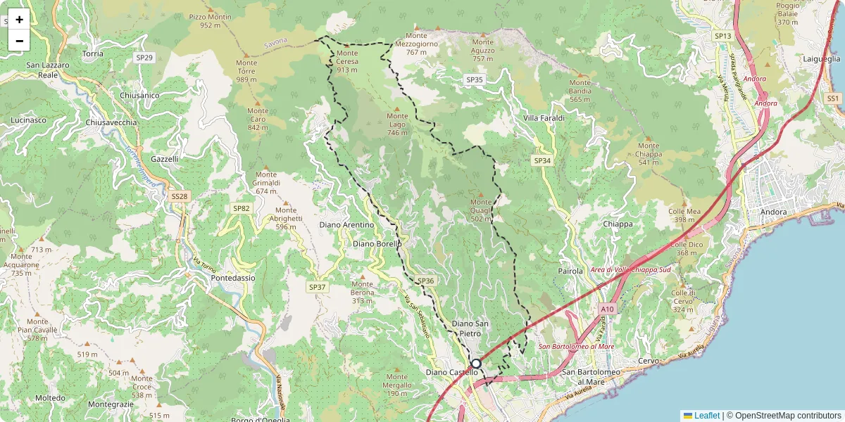 Mappa dettagliata del trasporto pubblico a Diano San Pietro con linee autobus, tram e collegamenti