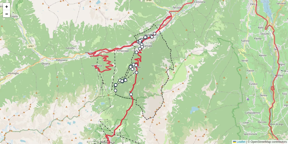 Mappa dettagliata del trasporto pubblico a Dimaro Folgarida con linee autobus, tram e collegamenti