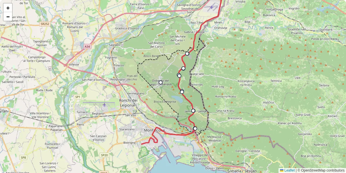 Mappa dettagliata del trasporto pubblico a Doberdò del Lago / Doberdob con linee autobus, tram e collegamenti