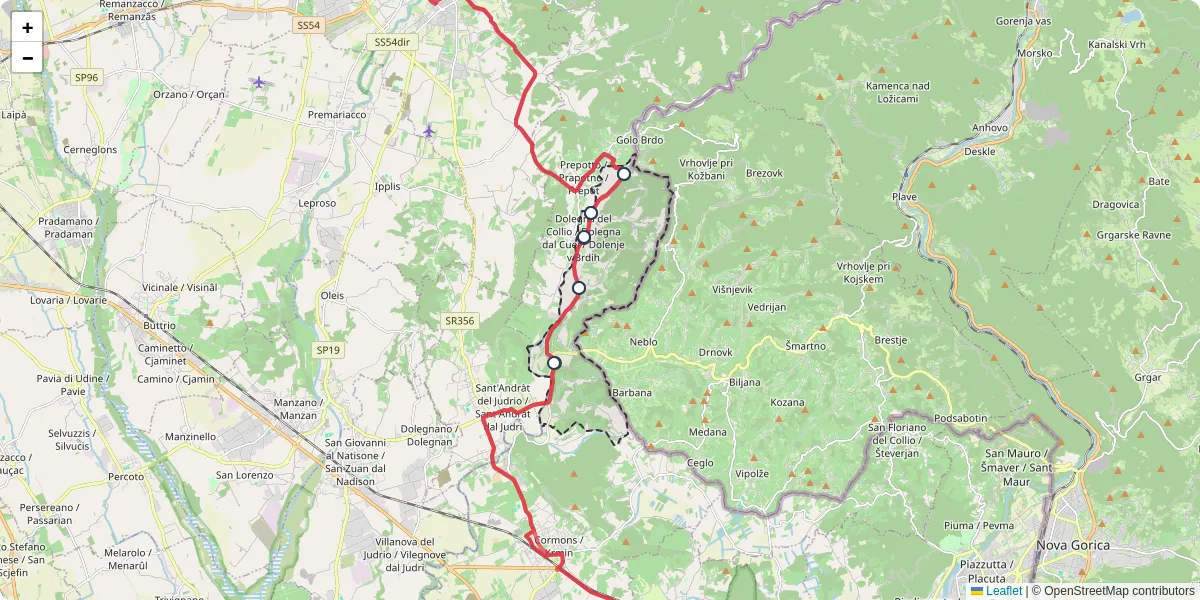 Mappa dettagliata del trasporto pubblico a Dolegna del Collio / Dolegna dal Cuei / Dolenje v Brdi con linee autobus, tram e collegamenti
