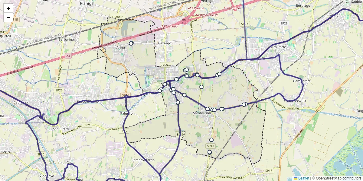 Mappa dettagliata del trasporto pubblico a Dolo con linee autobus, tram e collegamenti