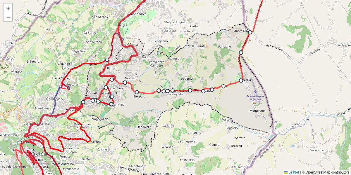 Mappa dettagliata del trasporto pubblico a Domagnano con linee autobus, tram e collegamenti