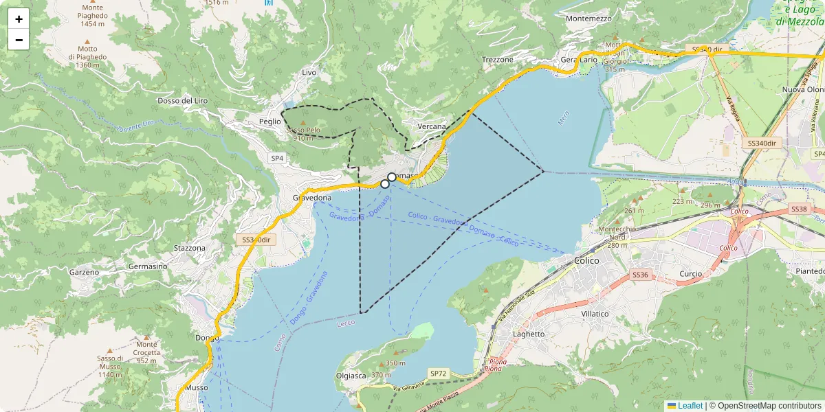 Mappa dettagliata del trasporto pubblico a Domaso con linee autobus, tram e collegamenti