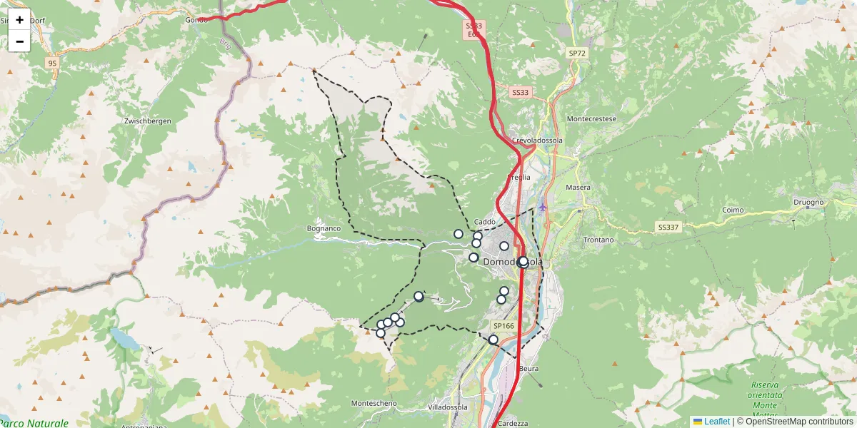 Mappa dettagliata del trasporto pubblico a Domodossola con linee autobus, tram e collegamenti