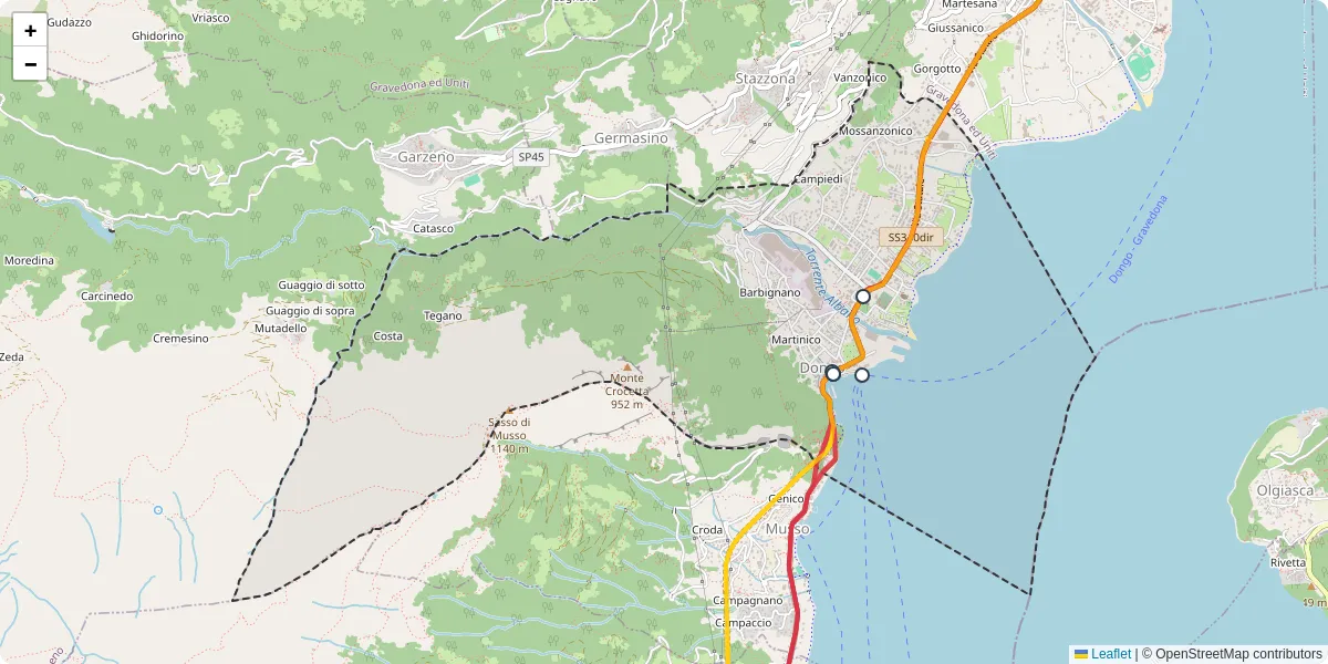 Mappa dettagliata del trasporto pubblico a Dongo con linee autobus, tram e collegamenti