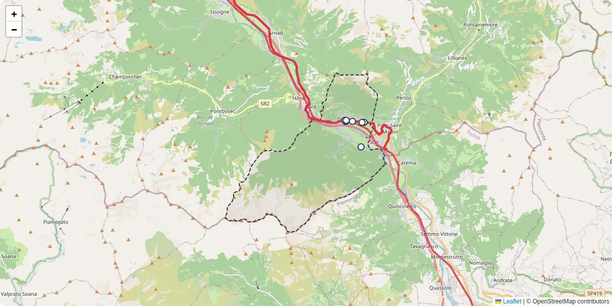 Mappa dettagliata del trasporto pubblico a Donnas con linee autobus, tram e collegamenti