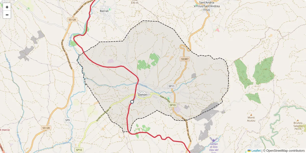 Mappa dettagliata del trasporto pubblico a Donori con linee autobus, tram e collegamenti