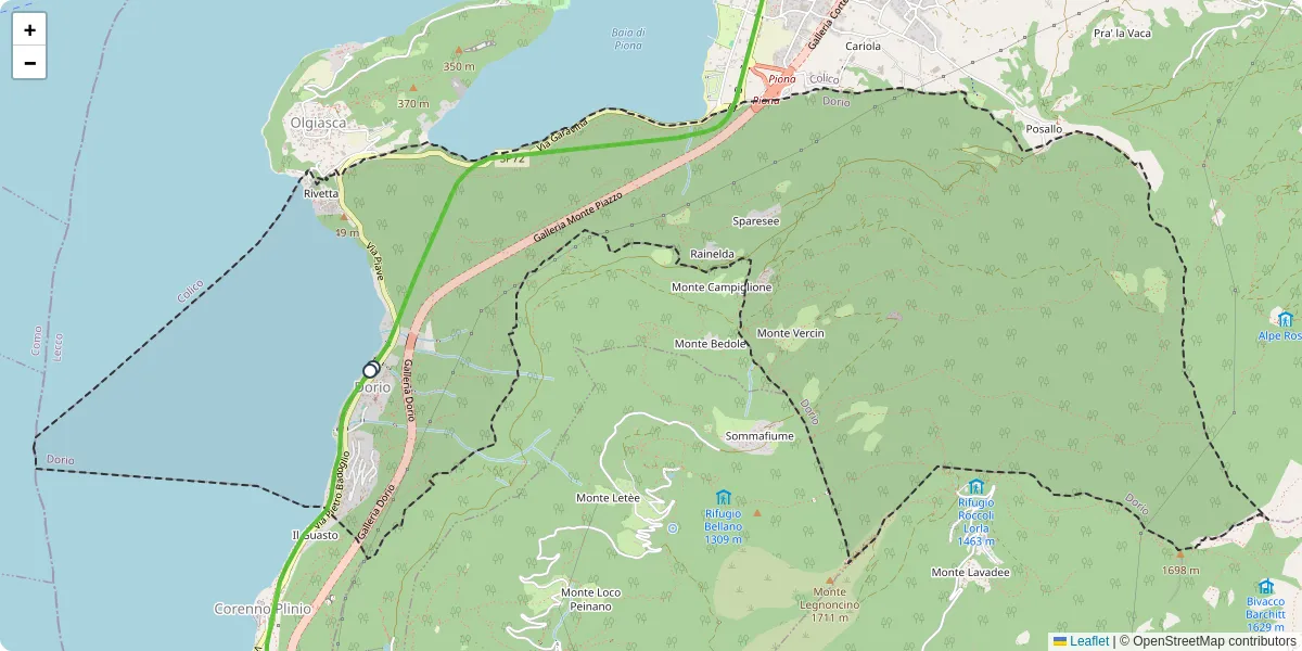 Mappa dettagliata del trasporto pubblico a Dorio con linee autobus, tram e collegamenti