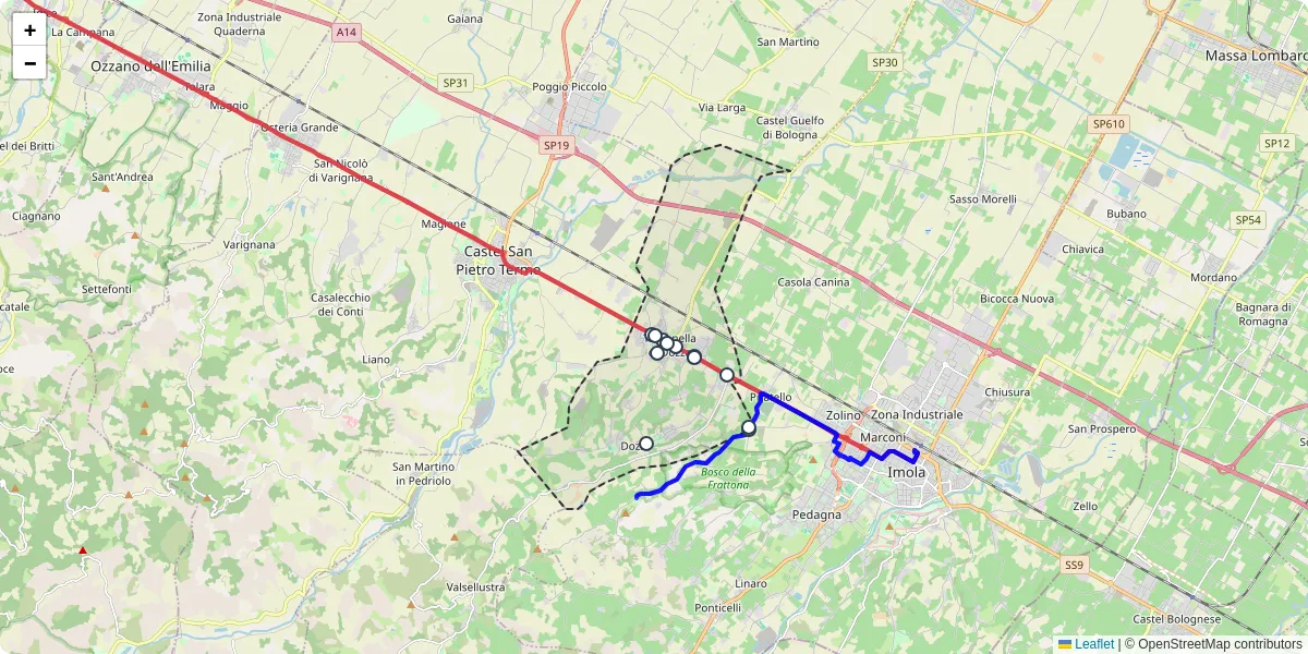 Mappa dettagliata del trasporto pubblico a Dozza con linee autobus, tram e collegamenti