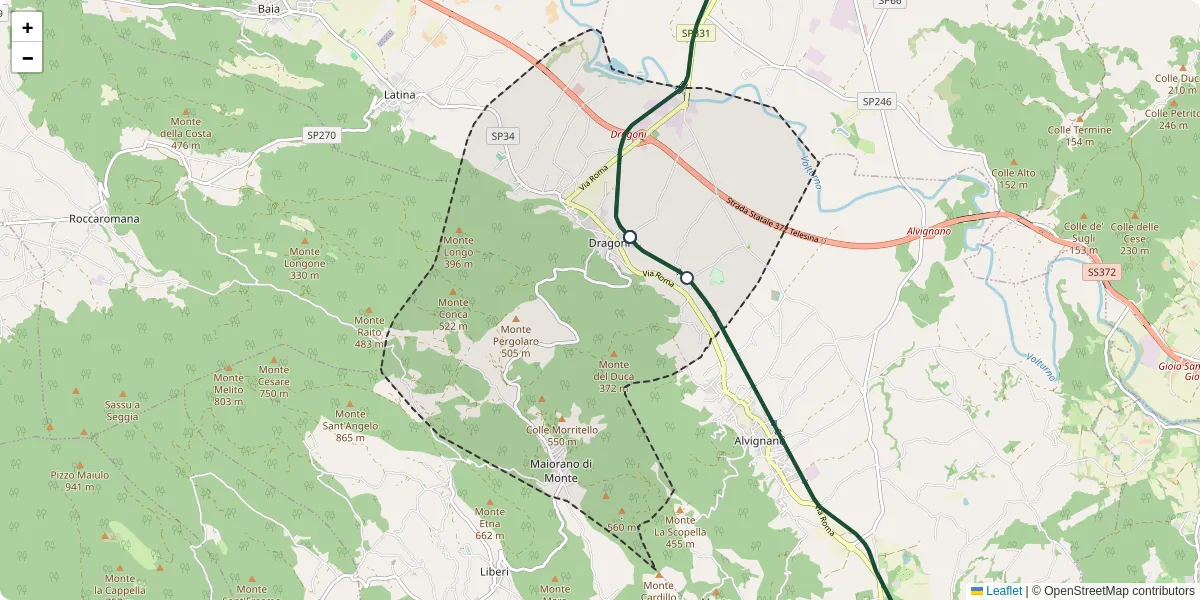 Mappa dettagliata del trasporto pubblico a Dragoni con linee autobus, tram e collegamenti
