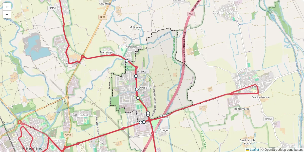 Mappa dettagliata del trasporto pubblico a Dresano con linee autobus, tram e collegamenti
