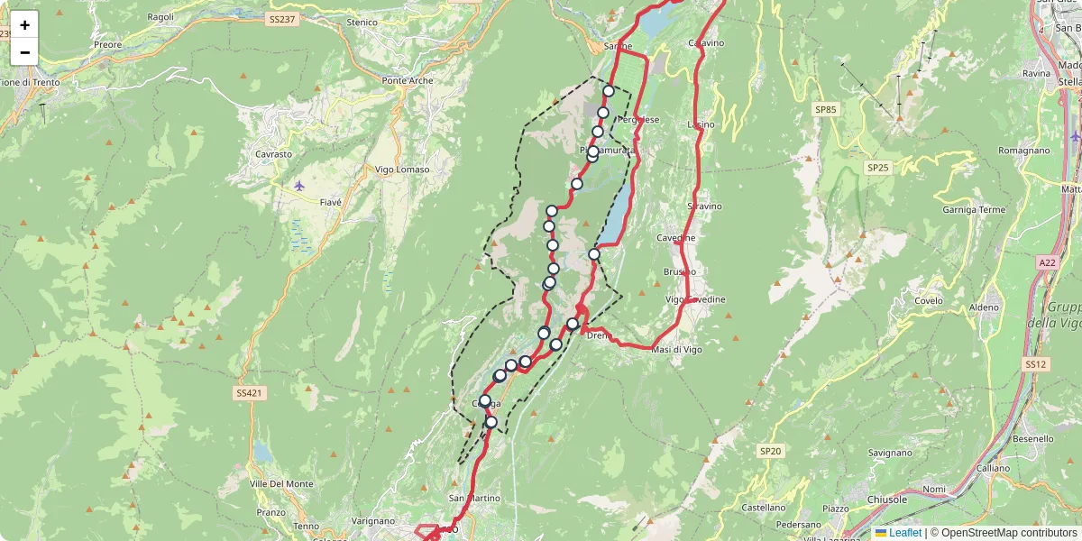 Mappa dettagliata del trasporto pubblico a Dro con linee autobus, tram e collegamenti