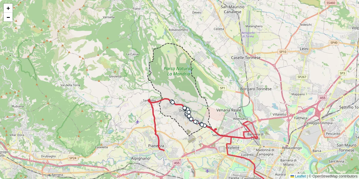 Mappa dettagliata del trasporto pubblico a Druento con linee autobus, tram e collegamenti