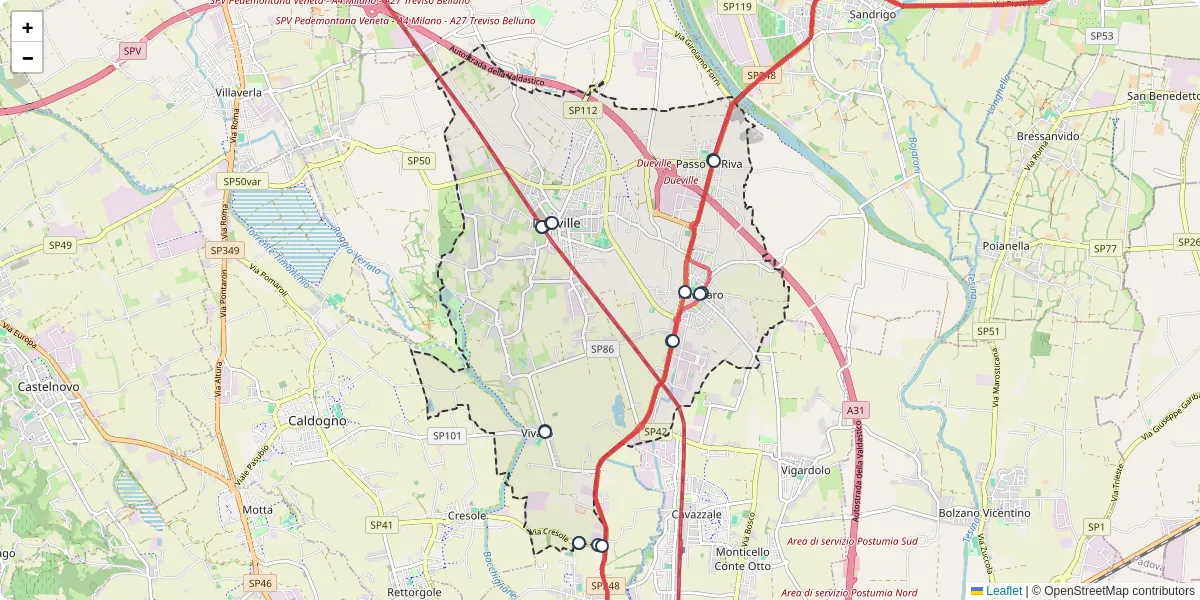 Mappa dettagliata del trasporto pubblico a Dueville con linee autobus, tram e collegamenti