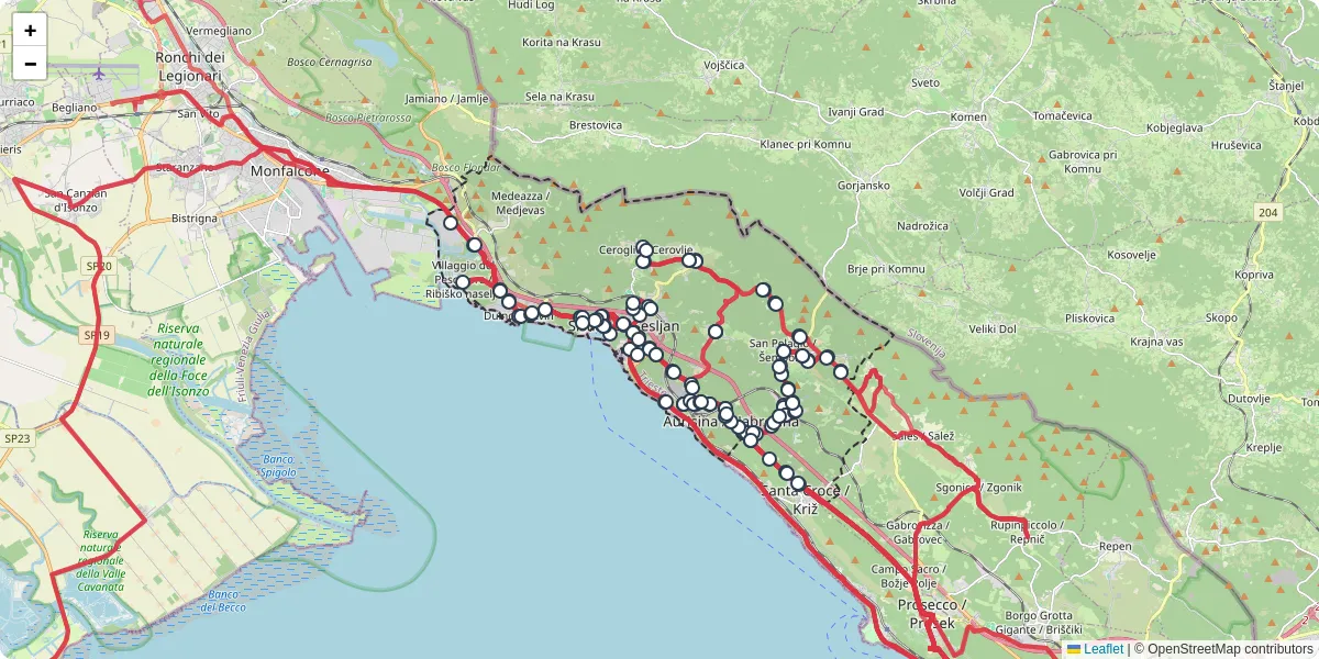 Mappa dettagliata del trasporto pubblico a Duino Aurisina / Devin - Nabrežina con linee autobus, tram e collegamenti