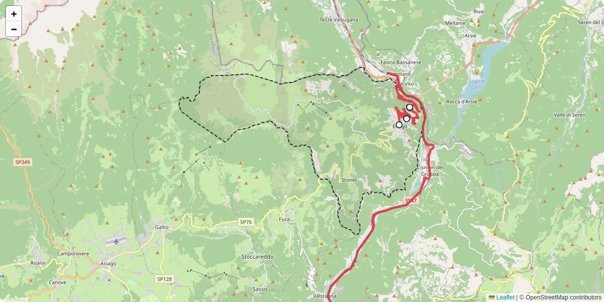 Mappa dettagliata del trasporto pubblico a Enego con linee autobus, tram e collegamenti