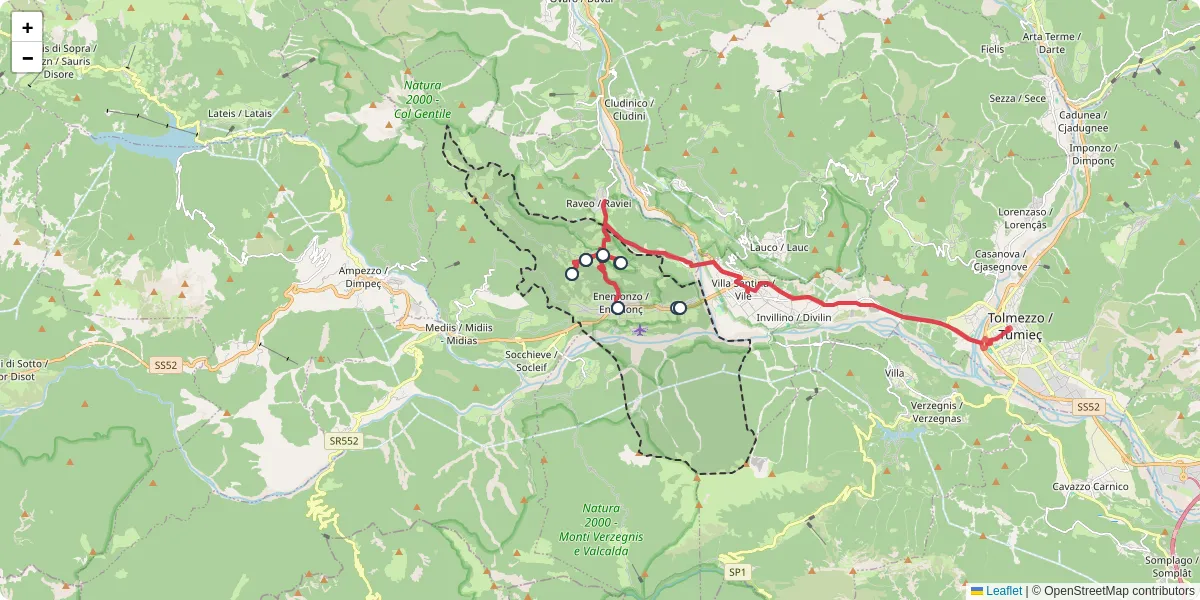 Mappa dettagliata del trasporto pubblico a Enemonzo / Enemonç con linee autobus, tram e collegamenti