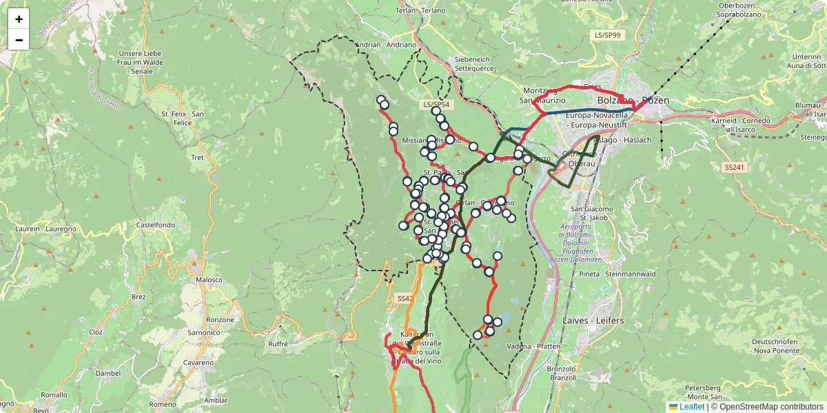 Mappa dettagliata del trasporto pubblico a Eppan an der Weinstraße - Appiano sulla Strada del Vino con linee autobus, tram e collegamenti