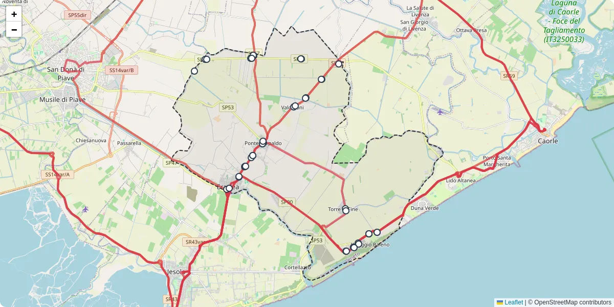 Mappa dettagliata del trasporto pubblico a Eraclea con linee autobus, tram e collegamenti