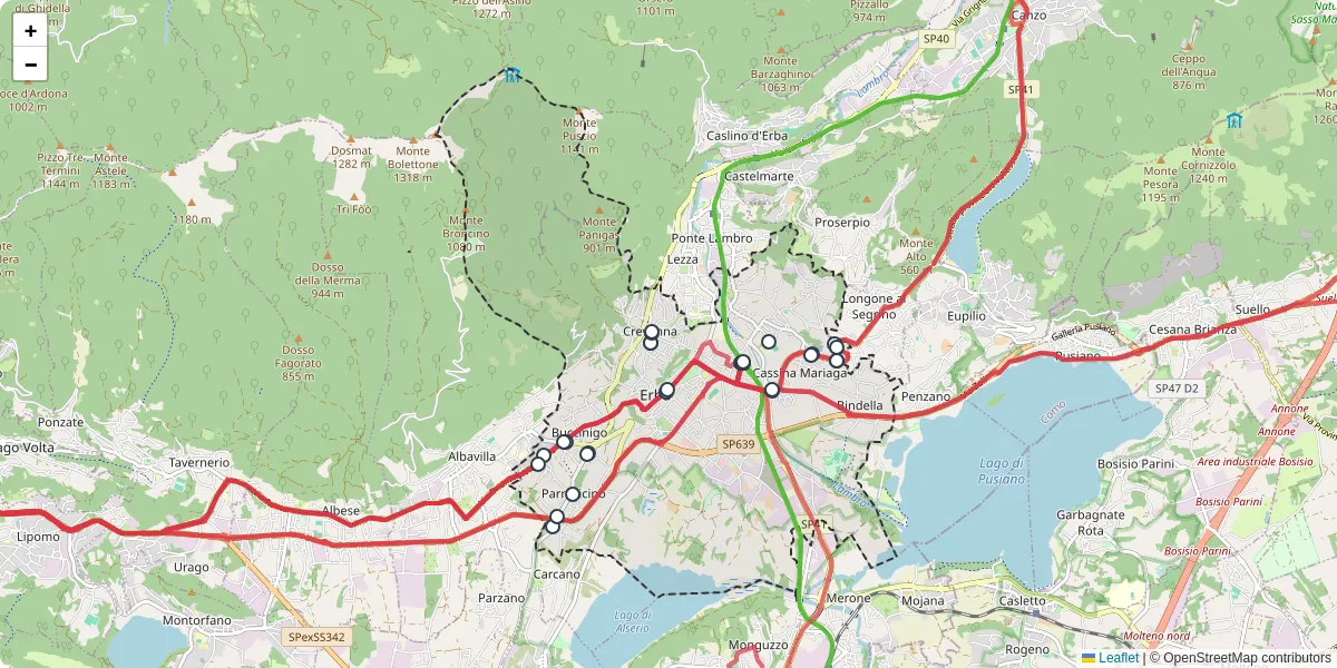 Mappa dettagliata del trasporto pubblico a Erba con linee autobus, tram e collegamenti