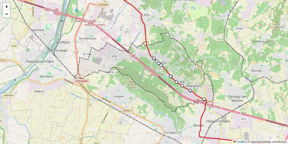 Mappa dettagliata del trasporto pubblico a Erbusco con linee autobus, tram e collegamenti