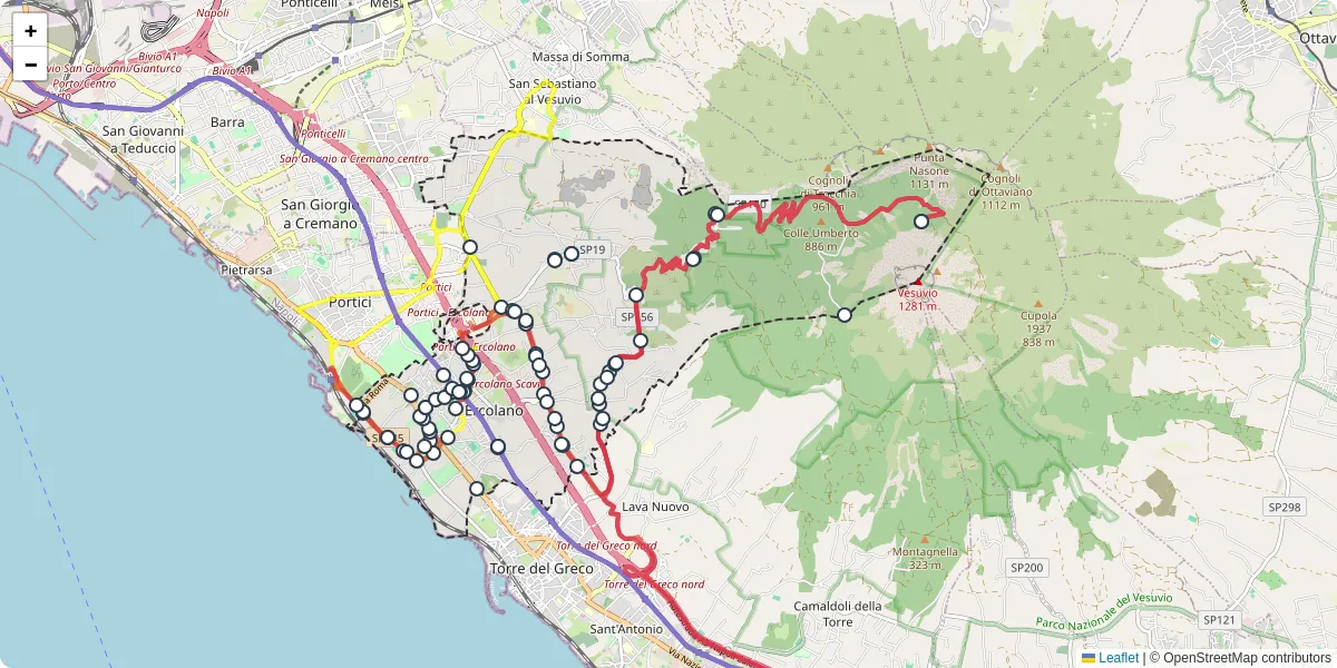 Mappa dettagliata del trasporto pubblico a Ercolano con linee autobus, tram e collegamenti
