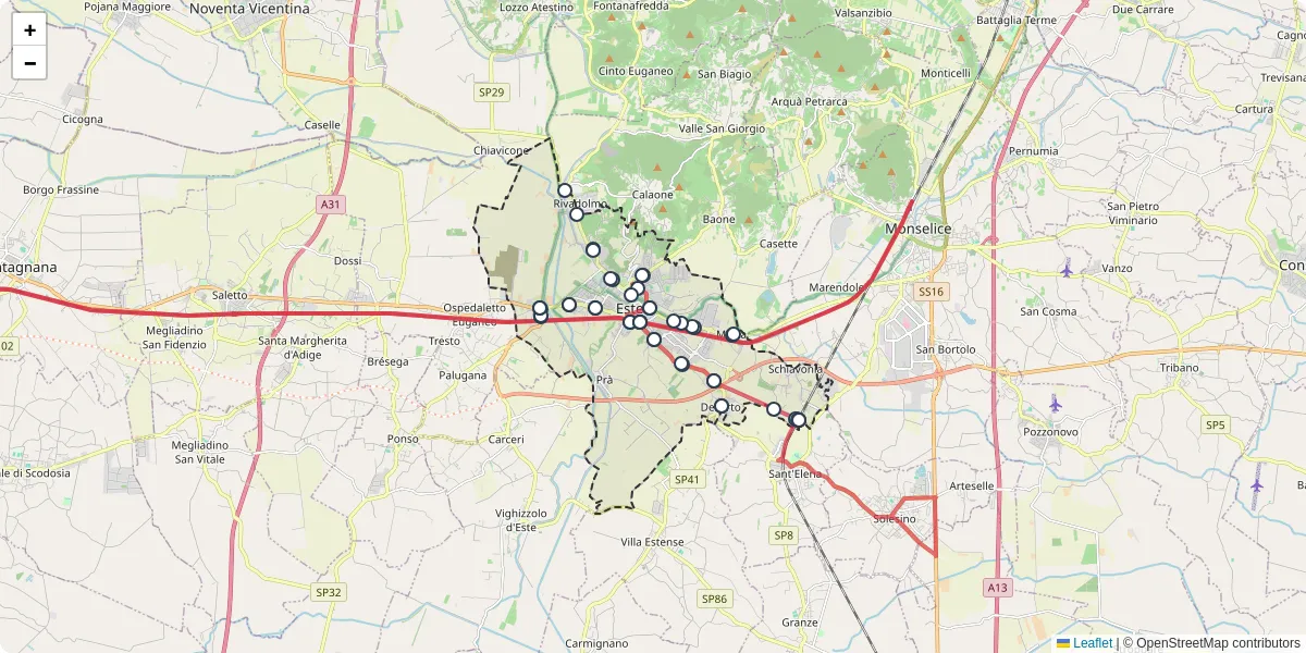 Mappa dettagliata del trasporto pubblico a Este con linee autobus, tram e collegamenti