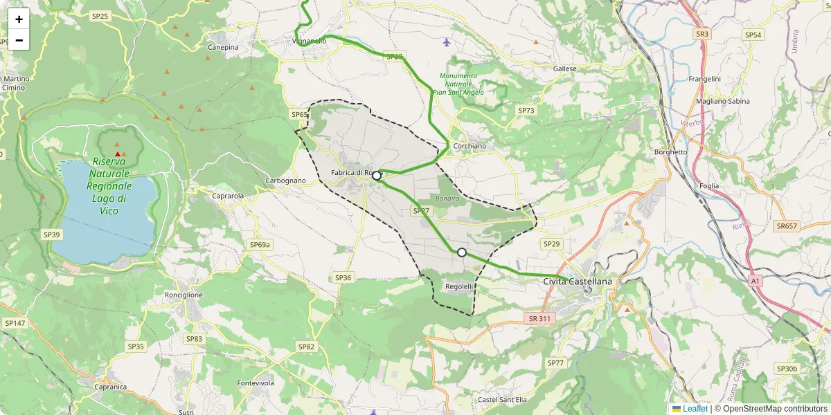 Mappa dettagliata del trasporto pubblico a Fabrica di Roma con linee autobus, tram e collegamenti