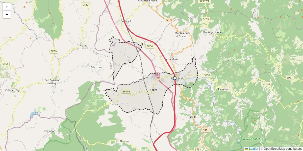 Mappa dettagliata del trasporto pubblico a Fabro con linee autobus, tram e collegamenti