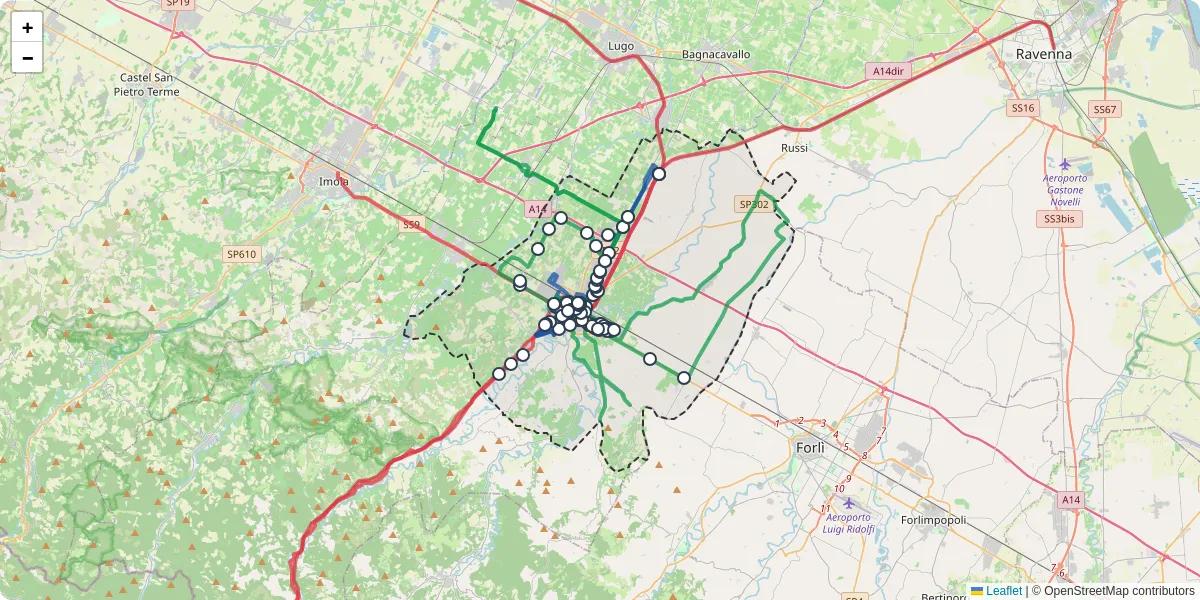 Mappa dettagliata del trasporto pubblico a Faenza con linee autobus, tram e collegamenti