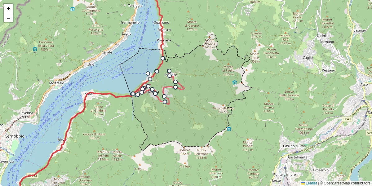 Mappa dettagliata del trasporto pubblico a Faggeto Lario con linee autobus, tram e collegamenti
