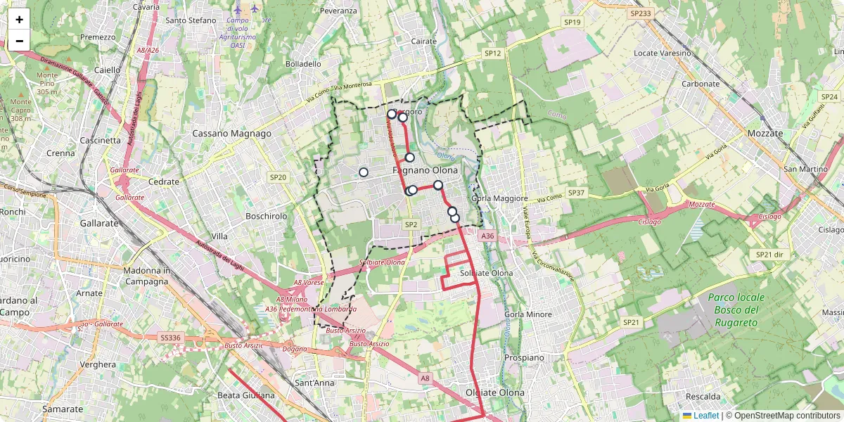 Mappa dettagliata del trasporto pubblico a Fagnano Olona con linee autobus, tram e collegamenti