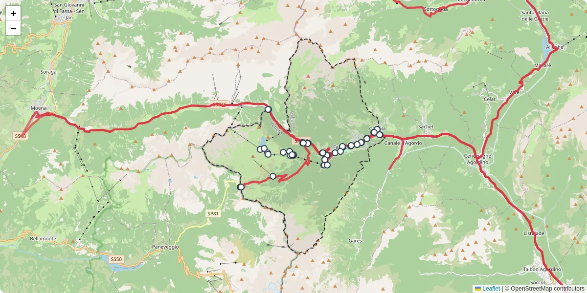 Mappa dettagliata del trasporto pubblico a Falcade con linee autobus, tram e collegamenti