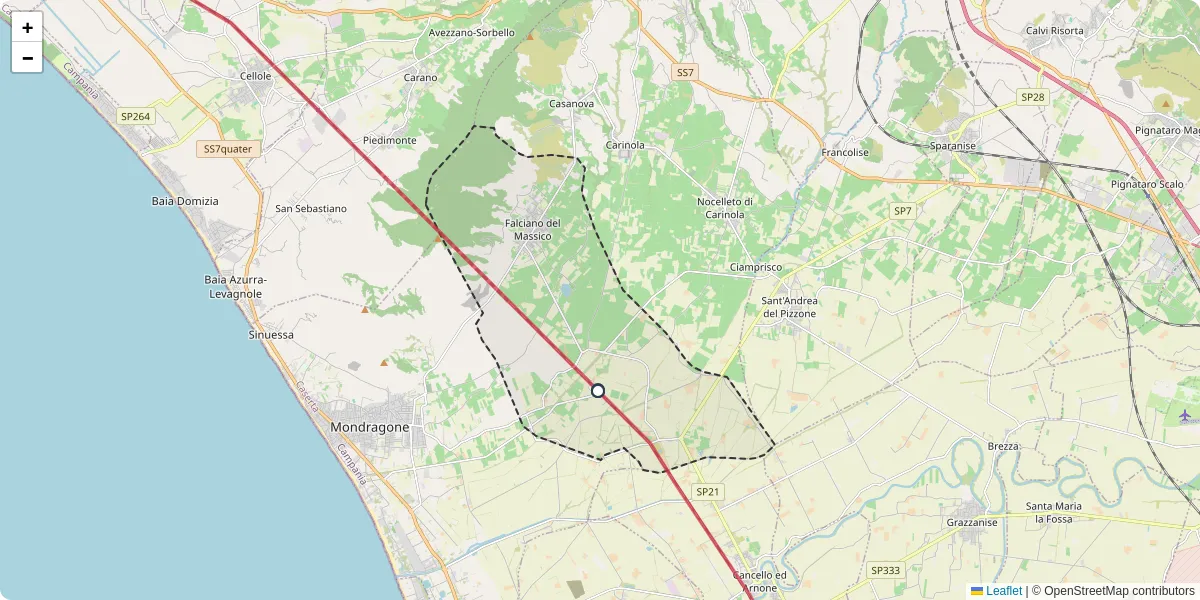 Mappa dettagliata del trasporto pubblico a Falciano del Massico con linee autobus, tram e collegamenti