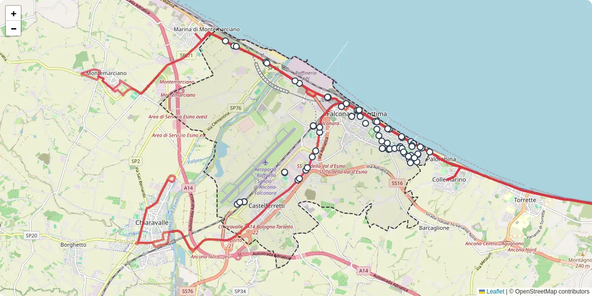 Mappa dettagliata del trasporto pubblico a Falconara Marittima con linee autobus, tram e collegamenti