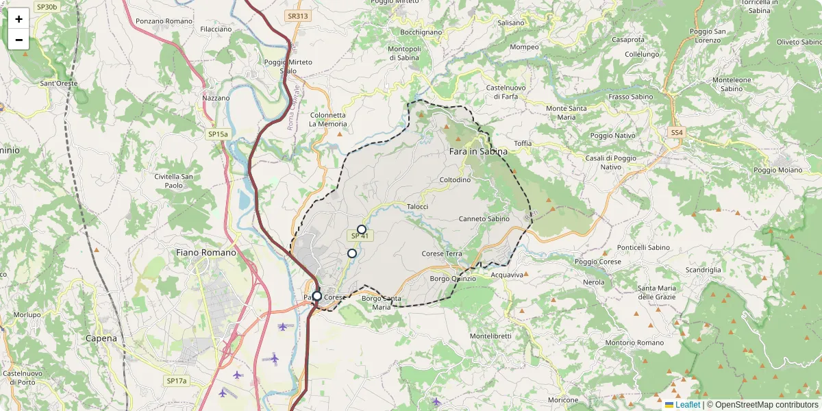 Mappa dettagliata del trasporto pubblico a Fara in Sabina con linee autobus, tram e collegamenti