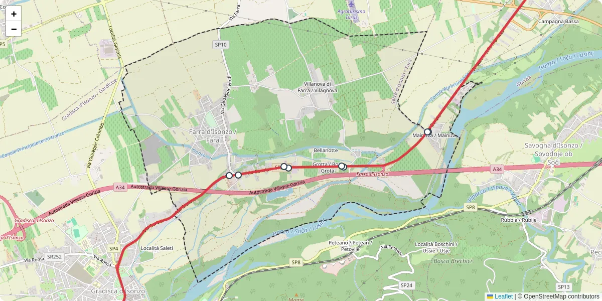 Mappa dettagliata del trasporto pubblico a Farra d'Isonzo / Fara con linee autobus, tram e collegamenti