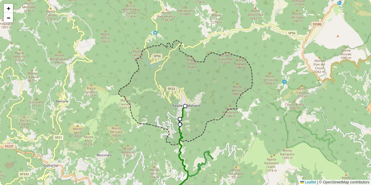 Mappa dettagliata del trasporto pubblico a Favale di Malvaro con linee autobus, tram e collegamenti