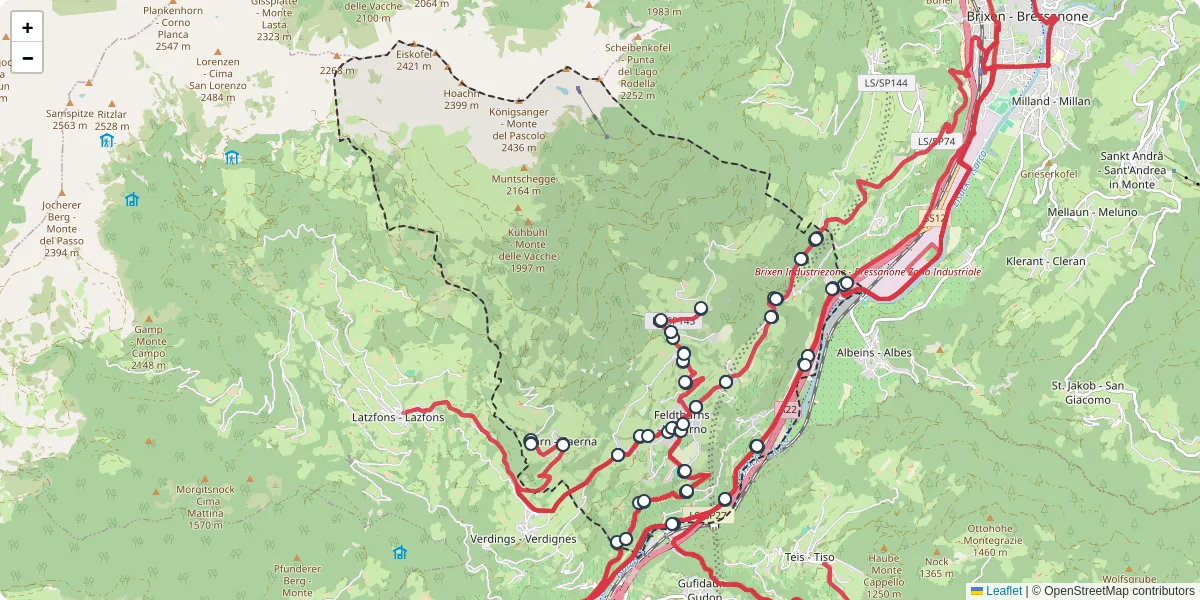 Mappa dettagliata del trasporto pubblico a Feldthurns - Velturno con linee autobus, tram e collegamenti