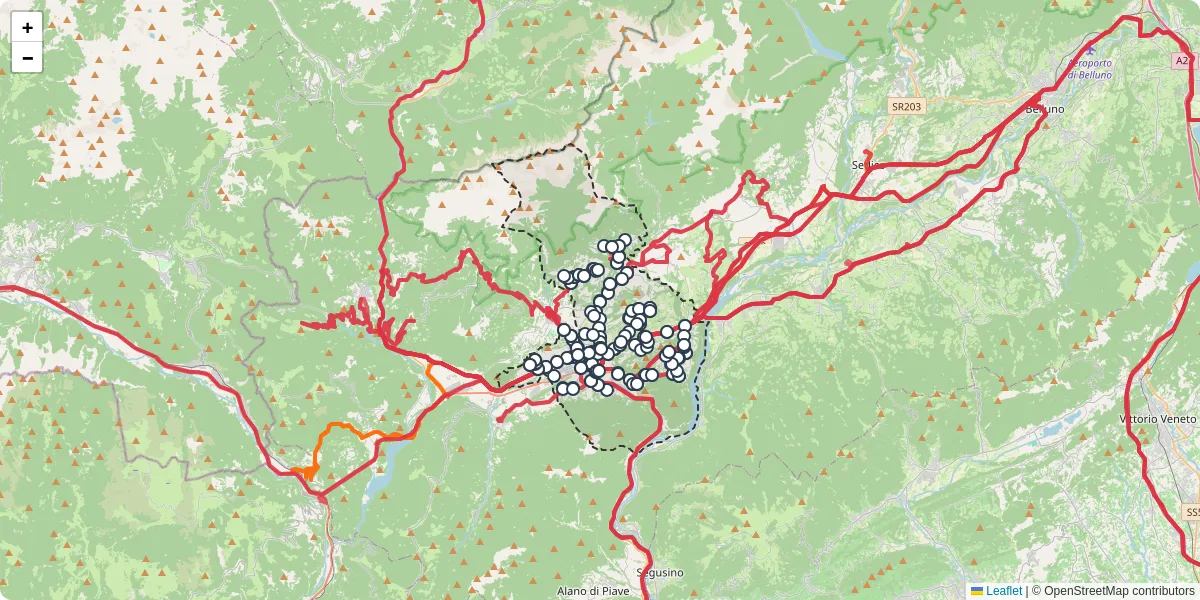 Mappa dettagliata del trasporto pubblico a Feltre con linee autobus, tram e collegamenti