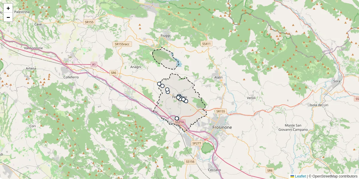 Mappa dettagliata del trasporto pubblico a Ferentino con linee autobus, tram e collegamenti