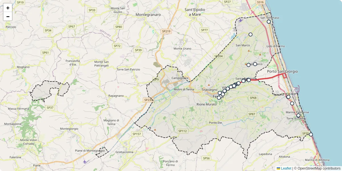 Mappa dettagliata del trasporto pubblico a Fermo con linee autobus, tram e collegamenti