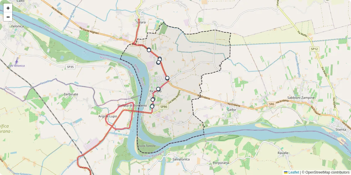 Mappa dettagliata del trasporto pubblico a Ficarolo con linee autobus, tram e collegamenti