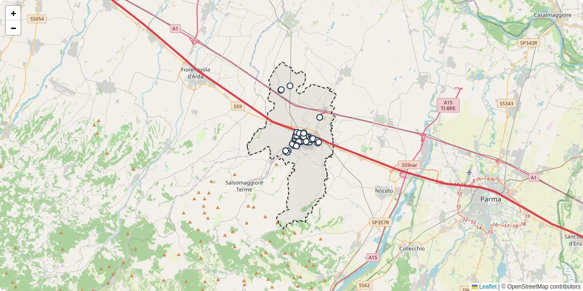 Mappa dettagliata del trasporto pubblico a Fidenza con linee autobus, tram e collegamenti