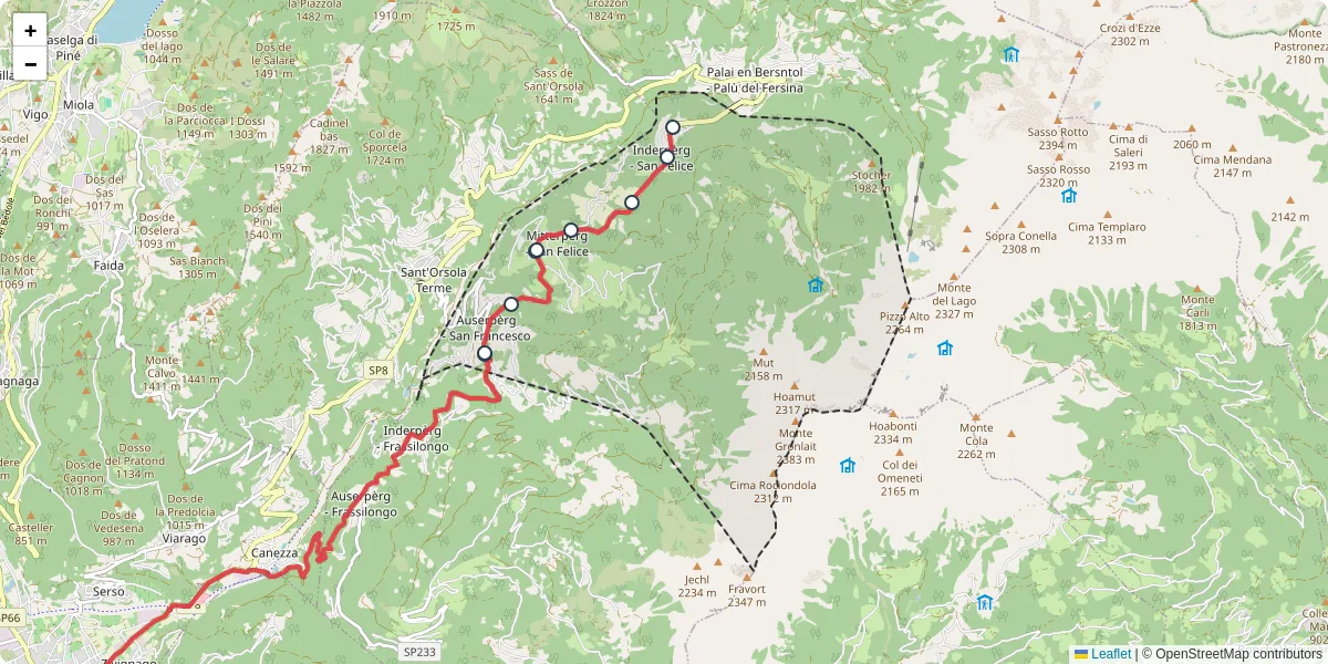 Mappa dettagliata del trasporto pubblico a Fierozzo - Vlarotz con linee autobus, tram e collegamenti