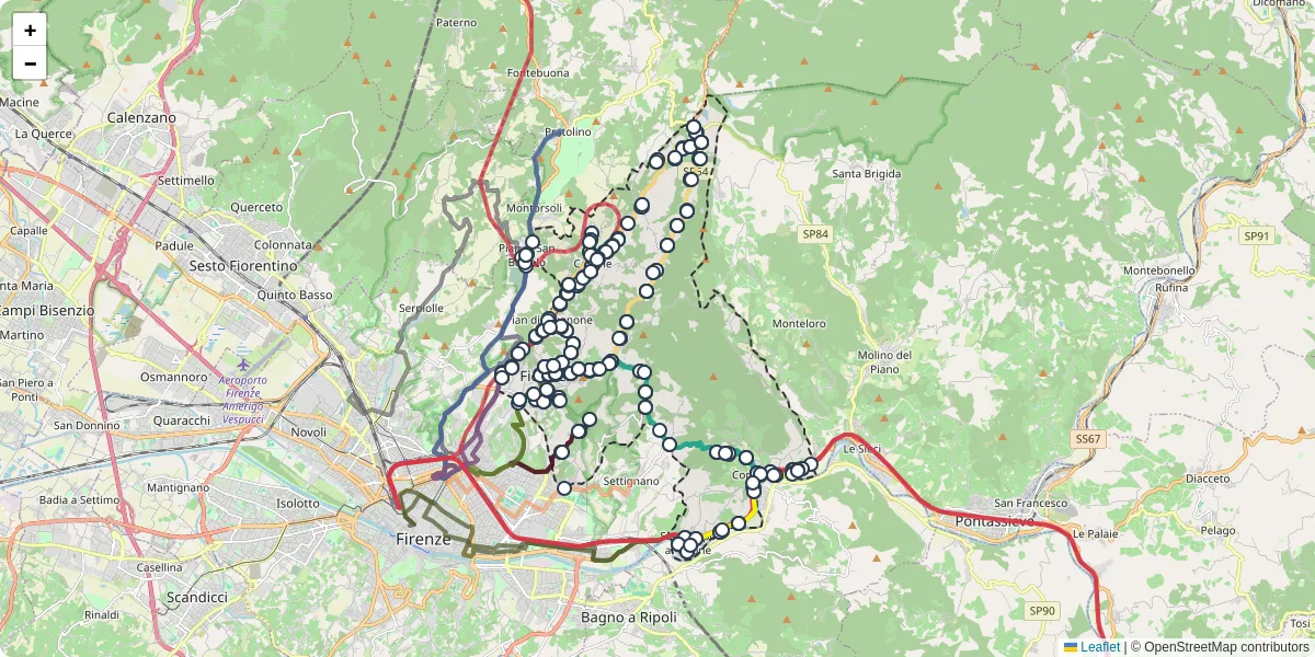 Mappa dettagliata del trasporto pubblico a Fiesole con linee autobus, tram e collegamenti
