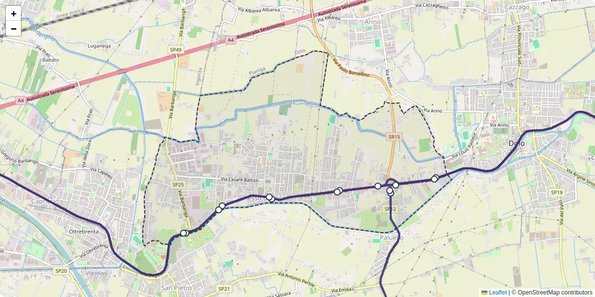 Mappa dettagliata del trasporto pubblico a Fiesso d'Artico con linee autobus, tram e collegamenti