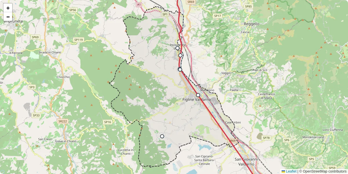 Mappa dettagliata del trasporto pubblico a Figline e Incisa Valdarno con linee autobus, tram e collegamenti