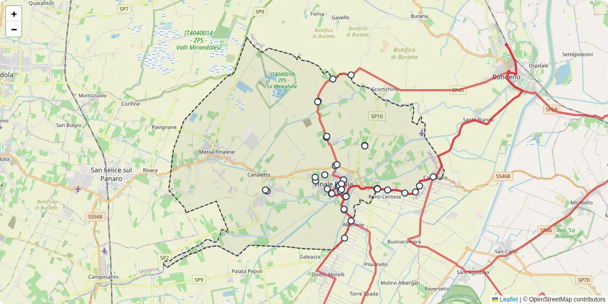 Mappa dettagliata del trasporto pubblico a Finale Emilia con linee autobus, tram e collegamenti