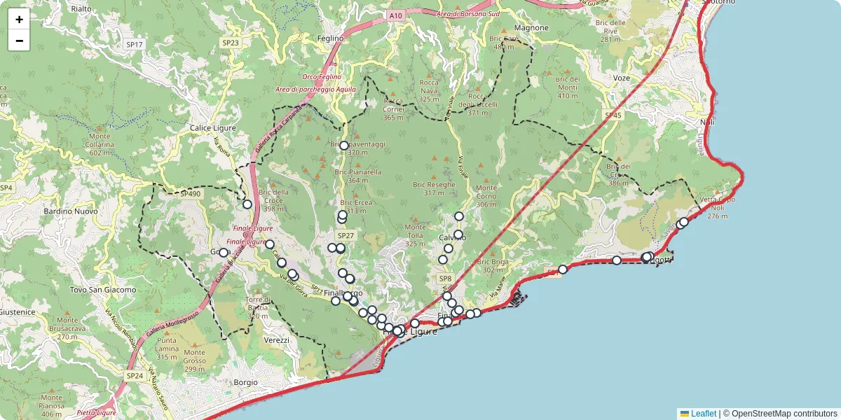Mappa dettagliata del trasporto pubblico a Finale Ligure con linee autobus, tram e collegamenti